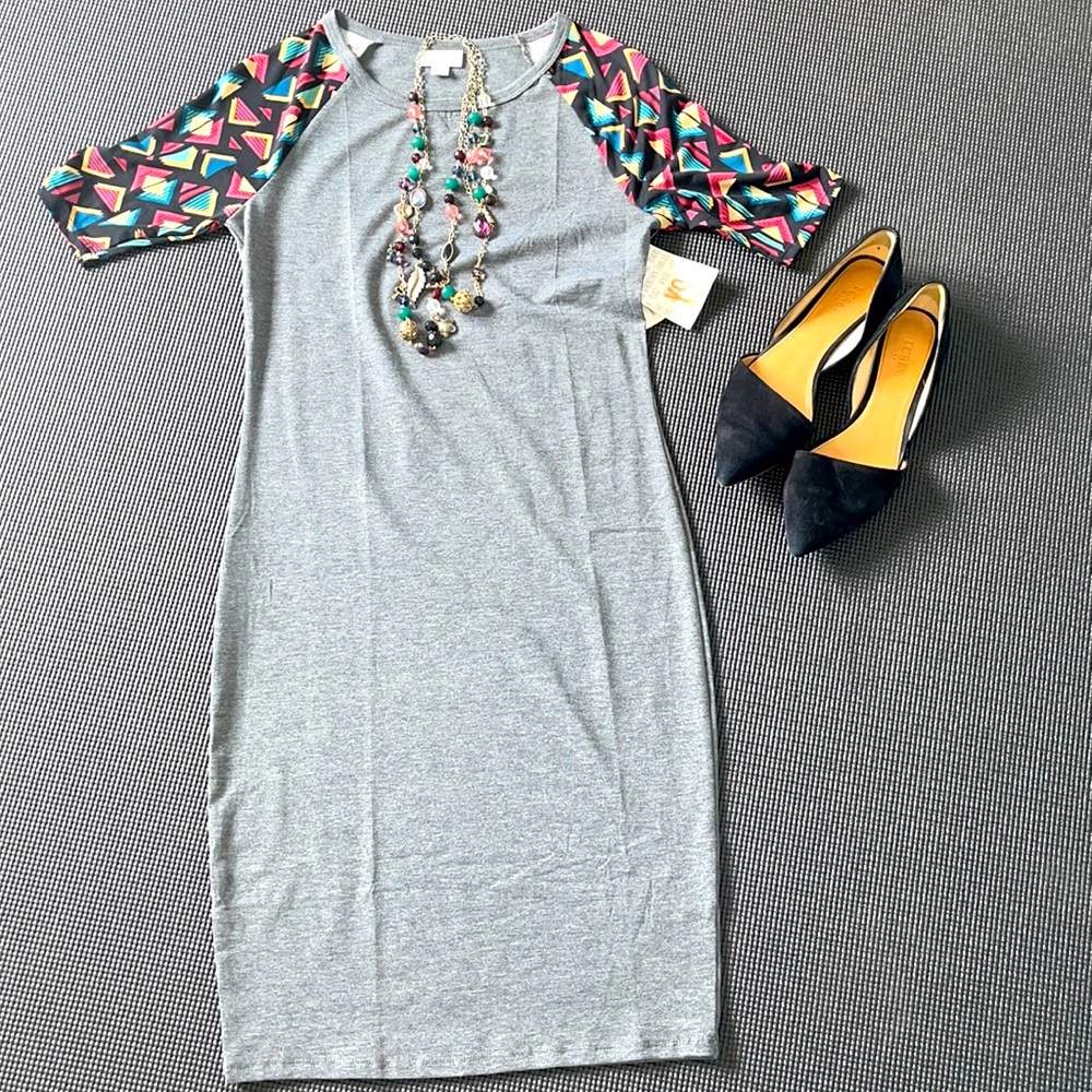 New SOFT Sheath Dress Stretch LuLaRoe Julia Contrasting 3/4” sleeves midi XS 2-4